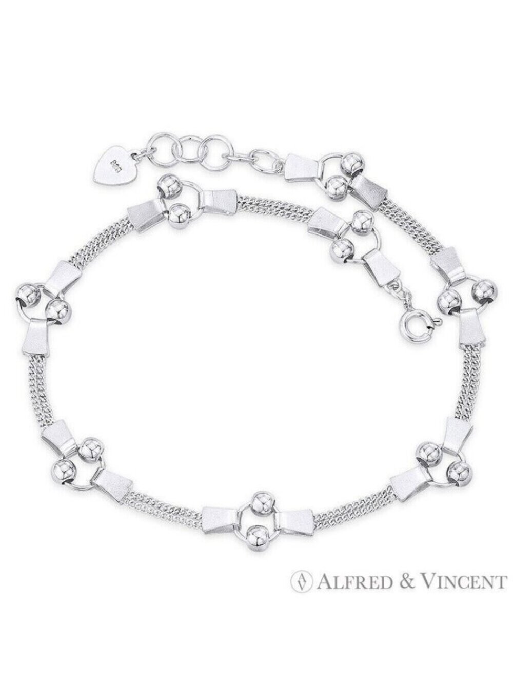 Double-Row Curb & Rings Link Ball Bead .925 Sterling Silver Chain Anklet - 10"
